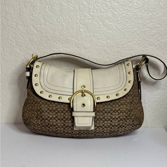 Coach Handbags - Coach Y2K SoHo Studded White Leather Brown Signature Canvas Shoulder Bag